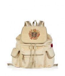 Tote around your everyday essentials in style with this sporty Juicy Couture velour backpack - Logo detailed top flap with drawstring closure, adjustable straps, multiple front pockets, decorative charms - Perfect for travel, work, or the gym