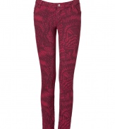 Stylish jeans in fine, dark red print cotton blend - Especially comfortable, thanks to a touch of stretch - On-trend, eye-catching graphic print - Low rise, curve-hugging skinny cut with belt loops and button closure - Rear pockets sit slightly lower, lifting and flattering the rear - The detail we love: gold zipper embellishment at cuffs - pair with streamlined t-shirts and button downs, or with an oversize silk top