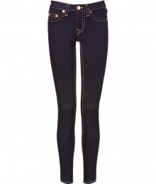 Elevate your go-to closet staples with these ultra-skinny jean leggings from True Religion - Five-pocket styling, logo detailed back pockets, slim fit, dark wash denim with contrast stitching - Style with an oversized asymmetrical tee and embellished ballet flats