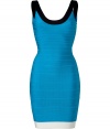 Strike a sultry pose in this perennial favorite cocktail-ready dress from Herv? L?ger, updated this season with a chic colorblock - Scoop neck, sleeveless, bandage style with figure-hugging multi-panels, concealed back zip closure - Extra form-fitting - Style with platform pumps and a statement clutch