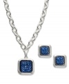 Stylish squares stand out in this pendant necklace and stud earrings set from Charter Club. Crafted from silver-tone mixed metal, the pieces pop with blue stones in the center. Items come packaged in a signature Charter Club box. Approximate length, necklace: 16 inches + 3-inch extender. Approximate drop: 1 inch. Approximate drop, earrings: 1/2 inch.