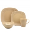 With the look of hand-thrown pottery in hard-wearing stoneware, the Swirl square place setting from Mikasa enhances casual meals with fuss-free elegance. A matte finish with glazed accents adds stylish distinction to a serene tan hue.