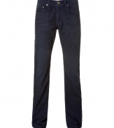 Stylish pant in fine wale indigo corduroy - Modern slim cut - Light whisker detail - Traditional five pocket style with button closure and belt loops - Pair with t-shirts or denim button downs and trainers - Inseam: 33.5 Front rise: 10.2 - Back rise: 15 - Width of legs: 7.9 - Measured in size 32 Material: 100%Cotton