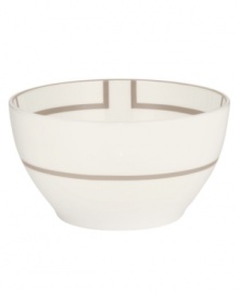 Metallic bronze lines curve to create a sleek geometric pattern on these small round bowls from Noritake dinnerware. The dishes are crafted in durable bone china and trimmed with platinum for fine dining or everyday use.