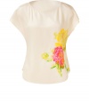 Channel on-trend ladylike style with this chic silk top from Juicy Couture - Round neck, short sleeves, front rose print, rounded hem, relaxed silhouette - Wear with skinny jeans, a loose knit cardigan, and platform heels