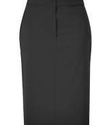 Wear this luxurious black wool-blend pencil skirt a million times - Classic, feminine cut with elegant blue stripes along the side that add extra style -  Features small, buttoned welt pockets at back, and two at the front waistband - Wear to the office with a silk blouse, blazer and heels for a look that transitions easily into the evening