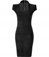 Work a dramatic edge into your Little Black Dress collection with Jitrois figure-hugging black suede sheath, a sultry choice both glamorous and exquisitely seductive - Square neckline, cap sleeves, exposed metal back zip - Form-fitting - Wear with heels and a sleek leather envelope clutch