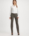 Attention to fit is key in this impeccably-tailored straight-leg silhouette, crafted from lightest wool crepe with just a hint of stretch.Tab-front waistBelt loopsZip-flyFlat frontSlash pocketsBack welt pocketsRise, about 8Inseam, about 3096% wool/4% elastaneDry cleanImported of Italian fabricModel shown is 5'11 (180cm) wearing US size 4.