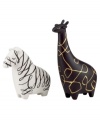 Full of personality, animal-shaped salt and pepper shakers are a fun surprise at any table from kate spade new york. Featuring a white zebra and black giraffe with whimsical gold detail.