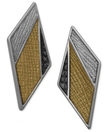 Geometric beauties. These tri-tone earrings from GUESS flaunt snake skin textured detail. Crafted in hematite, gold and silver tone mixed metal. Approximate drop: 1-1/2 inches.