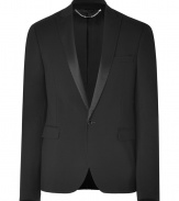 A streamlined version of the classic tux jacket, this sleek version from Costume National can be effortlessly dressed up or down - Narrow notched satin lapels, long sleeves, one-button closure, flap pockets, back vent - Style with matching pants, jeans, or slim trousers