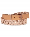 Inspired by classic belt silhouettes, this Michael Kors bracelet features watch links in rosy hues and a leather buckle. Crafted in rose-gold tone steel. Approximate length: 16 inches. Approximate width: 1/2 inch.