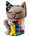 Heads and tails above the average salt and pepper shakers, this cat-shaped pair features the vivid colors and bold patterns of renowned pop artist Romero Britto. Head and body separate into two shakers.