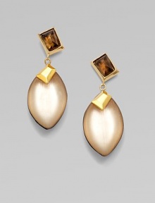 This pretty, handcrafted design features an almond shaped, lucite drop accented with a faceted smokey quartz stone and goldtone details. LuciteSmokey quartzGoldtoneDrop, about 2½Surgical steel post backMade in USA