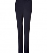 Elegant trousers in fine navy blue wool - Modern slim fit with slanted pockets - The creases create a very slim silhouette - Lightweight, high quality and comfortable - Versatile pants are perfect for many occasions from casual to fancy - Combine with shirt, cashmere pullover and/or a jacket