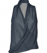 Tissue thin with an exquisitely modern drape: Helmut Langs dusty sapphire sleeveless top is a chic and easy way to wear the brands iconic modern look - Softly draped V-neckline, sleeveless, pull-over style - Loosely fitted - Team with leather leggings and chic black accessories