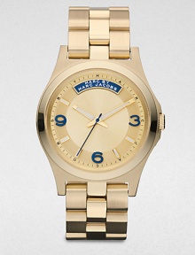 A radiant goldtone ion-plated stainless steel timepiece with bold markers. Quartz movementWater resistant to 5 ATMRound goldtone ion-plated stainless steel case, 40mm (1.6)Smooth bezelGoldtone dialBar and numeric hour markersSecond hand Goldtone ion-plated stainless steel link braceletImported