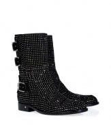 Add a punch of Parisian cool into your edgy footwear wardrobe with Laurence Dacades super soft slouchy suede studded boots, detailed with triple side buckles for a moto-chic finish - Rounded toe, black suede trim, stitched front, leather welt, stacked leather heel - Showcase allover studding with leggings or jet black tights and micro-minis