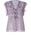 Romantic top in fine, amethyst patterned silk is perfect for a summery, feminine look - Stylish lace-ruffled look with a slim, fitted cut, small collar, pleats, cap sleeves and placket - Decorative and trendy choice for the office with business pants, pencil skirt, or with skinny jeans or capris and flats for after-hours style