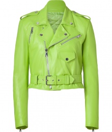 Make a stunning new season debut in Ralph Lauren Collections electric lime lambskin biker jacket, an ultra contemporary take on one of this seasons must-have styles - Notched collar with snaps, long sleeves, zippered cuffs, snapped epaulettes, off-center front zip, zippered slit pockets, snapped flap pocket, belted waistline - Cropped, tailored fit - Wear over everything from jeans and tees to tailored sheath dresses and heels