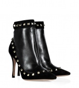 Give your look a kick of covetable glamour with Valentinos jet black suede and leather pointy toe boots, finished with iconic rockstud trim - Snapped ankle strap, cut-out with back zip - Pair with pencil skirts for work, or with cool cocktail dresses for evening elegance