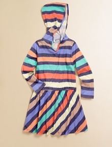 Vibrant stripes and an attached hood make this sweet knit an every day essential.Attached hoodLong sleevesPullover styleDrop-waist with elastic50% cotton/50% modalMachine washImported