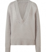 Cover up in ultra-luxe style with this chic sweater from Jil Sander - V-neck, long sleeves, ribbed cuffs and hem, oversized fit, slightly cropped - Style with leather leggings or skinny jeans, and platform booties