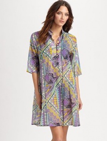 EXCLUSIVELY AT SAKS.COM. A vibrant geo-tribal print makes this trapeze dress a must-have. Mandarin collarElbow-length sleevesButton placketPull-on style70% cotton/30% silkDry cleanMade in Italy