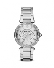 Statement style in a subtle size that is wholly feminine. MICHAEL Michael Kors perfects practical accessorizing with this stainless steel watch boasting multifunction movement and a glitzy bezel.