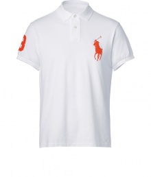 Detailed in breathable and durable cotton mesh, Ralph Laurens big pony polo is a cool modern take on this classic cut style - Small collar, button placket, short sleeves, oversized embroidered polo player at chest, number patch on sleeve, slit sides, high-low hemline - Classic fit - Wear with everything from jeans and sneakers to colored cords and loafers