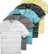 Increase your style visibility with these striped v-neck t-shirts from INC International Concepts.