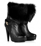 Ultra luxurious with a sleek mix of leather and fox fur, Burak Uyans platform ankle boots count as a luxe must for cool-weather looks - Seamed almond toe, back zip, fox fur tongue and lining, pebbled leather upper, overlasted platform, strap with hinged hardware and push-stud closures, smooth leather covered cone heel - Hits above the ankle - Wear with slim fit separates and edgy leather jackets