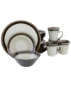 Bands of neutral color on ringed stoneware lend the Carousel Black dinnerware set by Sango to just about any casual table. Easy-clean place settings complement quick weeknight meals and low-key entertaining.