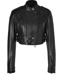 Inject tough-girl cool into your outerwear wardrobe with Belstaffs ultra chic cropped leather biker jacket - Snapped stand-up collar, long sleeves, zippered cuffs, off-center front zip, snapped front panel, epaulettes, zippered slit pockets, belted sides - Cropped close fit - Team with everything from classic knits and jeans to feminine dresses and combat boots