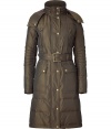 Cozy yet ultra-chic, this long quilted coat from Belstaff is the ultimate outfit topper - Stand collar, hood with snaps and toggle, front zip closure, quilting at shoulders and on sleeves, belted waist, zip pockets and cuffs, flap hip pockets - Pair with slim trousers, a blouse, and ankle booties