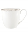 Forecast modern whimsy at meal time with the Silver Mist mug from Lenox Lifestyle dinnerware. The dishes of this collection feature shimmering droplets that trickle in from the platinum-banded edge of bright white bone china. Qualifies for Rebate