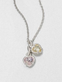 A sweet style that features pink and canary heart pendants on a sterling silver link chain. Pink and canary crystalsSterling silverLength, about 17Pendant size, about .75Lobster clasp closureImported 