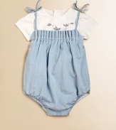 A sweet and stylish little one-piece with a pleated bodice and shoulder ties.SquareneckSleeveless with shoulder tiesBack zipperPleated bodice98% cotton/2% elastaneMachine washImported