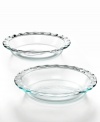 Do a double bake! Packed the Pyrex promise of professional performance, this set of 2 pie dishes lets you bake more. The durable glass constructions move effortlessly from refrigerator to oven to microwave to freezer to dishwasher, so you can prep, present & store, all in the same spot. 2-year limited warranty on bakeware; 1-year limited warranty on plastic covers.