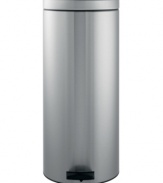 Put the pedal to the metal. This trash can features a patented soft-touch closure that lets the lid open smoothly and silently with just a gentle push of the pedal. The all-steel design has a fingerprint-proof finish to help your kitchen shine brighter with less effort. 10-year warranty.