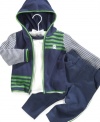 He'll be ready to play in this adorable mixed striped hoodie, shirt and pants set by First Impressions.