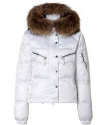 Maximize your sporty, slope-ready style in this ultra-luxe fur-trimmed down jacket from Jet Set - Raccoon fur-trimmed hood, concealed front zip closure with front snap placket, long sleeves, zip pockets and slash pockets, quilted - Fitted silhouette - Pair with jeans or leggings for the city and chic ski pants for the slopes