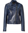 Luxe in lambskin with a contemporary navy hue, Theorys leather motorcycle jacket counts as a must for edgy spring looks - Snapped notched collar, off-center zipper, long sleeves, zippered cuffs, zippered slash pockets, laced sides, zip-away sleeves - Close, cropped fit - Wear over everything from tees and jeans to sheath dresses and heels