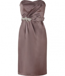 Luxe cocktail dress in fine, pure pale brown silk - Elegant strapless style with sweetheart bodice - Flattering, asymmetric drape detail - Belted waist with decorative jeweled brooch - Slim, straight skirt hits above the knee - Zips at back - Sexy and polished, perfect for parties and evenings out - Pair with peep toe pumps or strappy sandals and a statement clutch