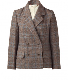 Stylish blazer in a fine, brown wool blend - Fashionable plaid tweed look - Feminine fitted, double breasted, with moderately deep lapels and flap pockets - Trendy old-school look, length is to the waistband - A special classic that fits well with jeans, corduroy pants or pleated skirts