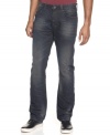 A dark wash and a zip-closure on the side add a modern edge to these relaxed fit jeans from Sean John.