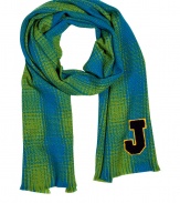 Quietly elegant and effortlessly cool, Jil Sanders sky blue and green wool scarf ups the ante on preppy chic - Supremely soft, lighter weight knit in a rich, classically cool plaid - Decorative varsity letter J at hem and delicate fringe trim - Moderately long and wide and ultra-versatile - Pair with everything from cashmere pullovers and skinny denim to pencil skirts and long cardigans