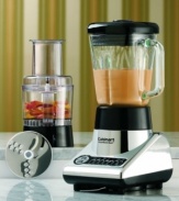 This powerhouse duo makes everything easier. The handsome countertop blender unit comes with a three-cup food processor attachment, both with seven preprogrammed speeds for ultimate versatility. Three-year limited warranty. Model BFP-10CH.