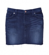 Stylish mini skirt in fine, cotton and Tencel stretch blend - Dark blue rinse has a chic, faded wash and whisker detail - Classic five pocket cut with belt loops, button closure and zip fly - Curve hugging, hits mid-thigh - Delicate fringe trim at hem - A casual-chic must ideal for everyday leisure - Pair with a tunic or t-shirt and flat leather sandals