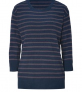 Trend favorite stripes get a super soft finish in DKNYs tri-color silk-cashmere pullover - Rounded-neckline, 3/4 sleeves, fine ribbed cuffs and hemline, long and slim silhouette - Perfect for pairing with favorite skinnies, cords, and midi-skirts alike